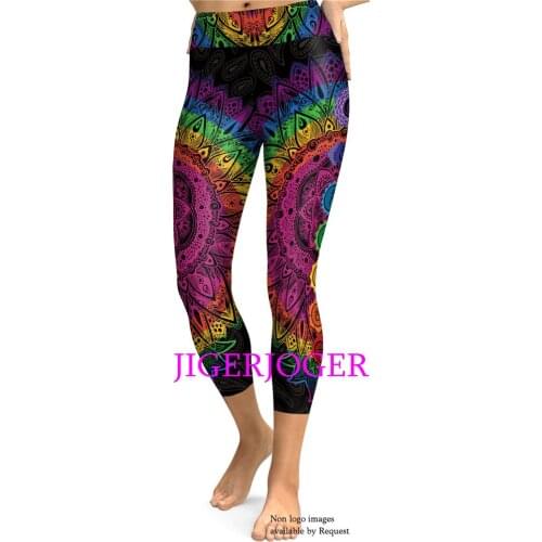 JIGERJOGER 2019 Rainbow mandala printed Womens Capris leggings waistband pocket gusset patches thick heavy activewear sportwear