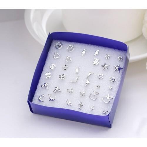 18 Pairs Women Silver Plated Stud Earrings Set with Box Mixed Style Star Heart Moon Shaped Earrings Jewelry Metal Ear Studs