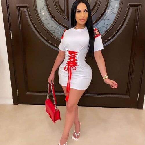 Summer Black White T Shirt Dress Women O-neck Lace Up Bandage Bodycon Dress Sexy Sheath Casual Mini Club Party Dress Vestidos