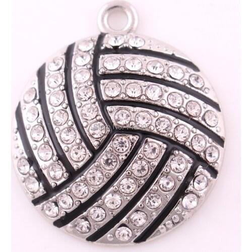 New 23mm*27mm 10pcs a lot rhodium plated zinc studded with sparkling crystal Black enamel 2D volleyball sports Pendants