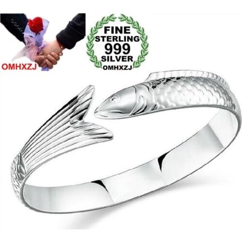 OMHXZJ Wholesale geometric fashion single fish woman kpop star Fine 999 Sterling Silver opening bracelet Bangles gift SZ20