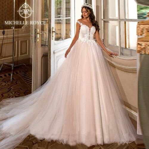 Michelle Royce Ball Gown Wedding Dresses 2020 Sexy V-Neck Off the Shoulder Appliques Chapel Train Bridal Gowns Vestido De Noiva