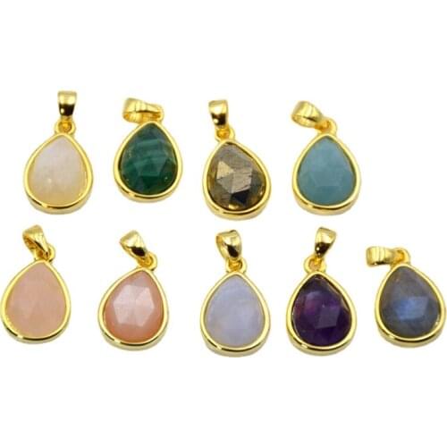 Teardrop pendant Gold Bezel Charm natural faceted Gem stone beads amethysts amazonium lace agates necklace Jewelry findings