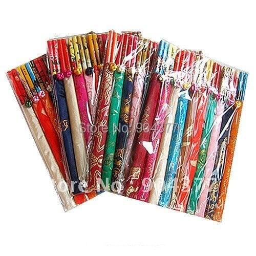 Luxury Fancy Wooden Disposable Wedding Party Favor Chopsticks Set with Chinese knot Silk Bag 10pairs/lot Free shipping