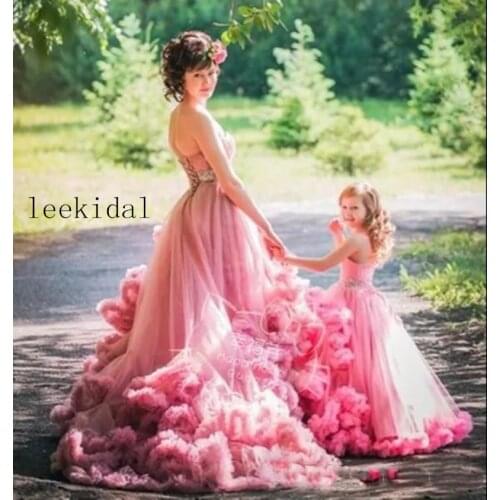 Pink Mother Daughter Dresses Puffy Pink Sleeveless Mom And Girls Photography Dresses Pink Puffy Birthday Party Dresses Custom