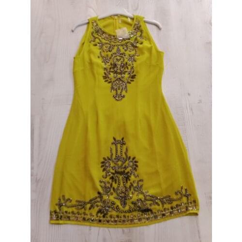 Sarı şifon,abiye,taş işlemeli gece elbisesi,mini