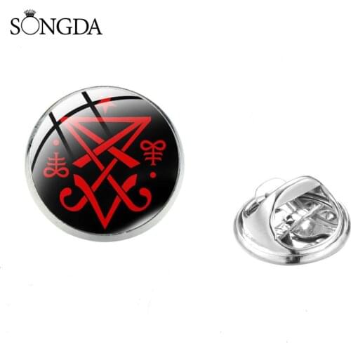 Satanism Red Goat Head Glass Art Round Brooches Pins Baphomet Inverted Pentagram Statement Brooch Pin Unisex Gothic Jewelry Gift