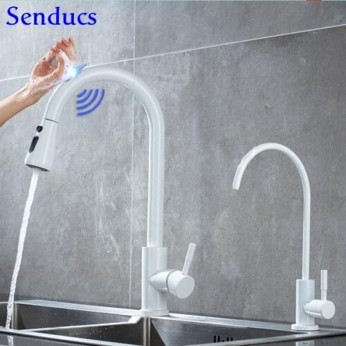 Touch Kitchen Faucet Senducs Pull Down Kitchen Mixer Tap White Sensor Kitchen Faucet 360 Rotation Hot Cold Touch Kitchen Taps