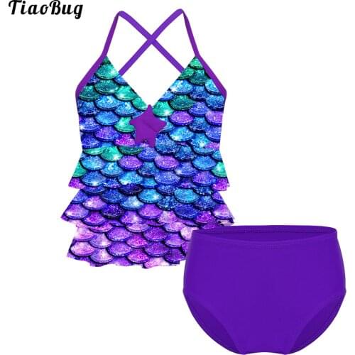 TiaoBug 2Pcs Kids Girls Tankini Mermaid Scales Printed Starfish Bikini Swimsuit Swimwear Bathing Suit Tops With Bottoms Set