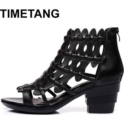 TIMETANG European and American Style Retro Genuine Leather Thick Heel Women Sandals Soft Gladiator Sandals Ladies Summer Shoes