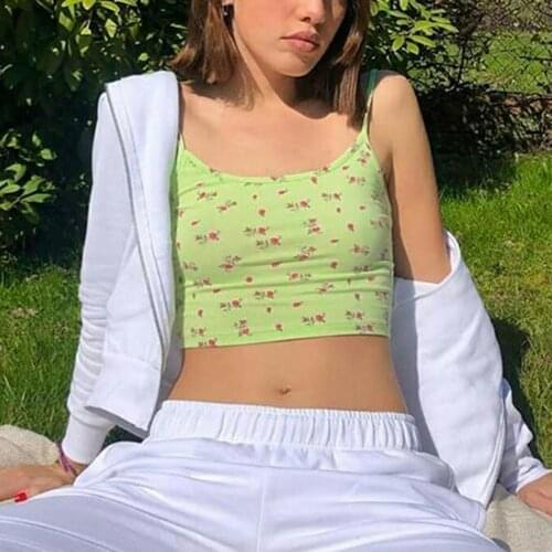 E-girl Floral Print Sleeveless Cropped Sexy Strappy Crop Tops Y2K Cute Streetwear Outfits Sling Vest Cami Casual Tank Crop Tops