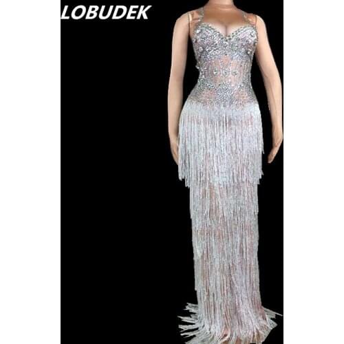 Women Tassels Sparkly Rhinestones Long Dress Sexy Female Nightclub Clothing Prom Party Celebration One Piece Catwalk Dresses