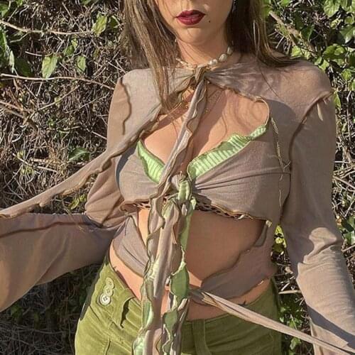 SEASONS Grunge Bandage Crop Top T Shirt Vintage Long Sleeve T-shirt Women Casual Front Lace Up Hollow Out Tshirts 2021 ASTS83630