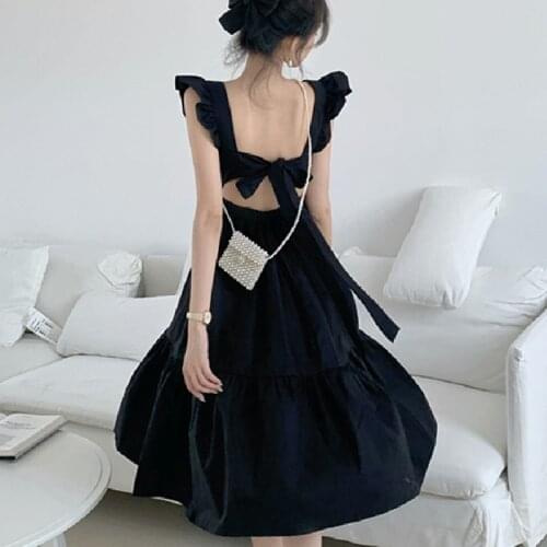 Retro Square Collar Long Dress Female 2021 Summer New Backless Sexy Ruffled Suspender Dresses With Open Back Party Classy