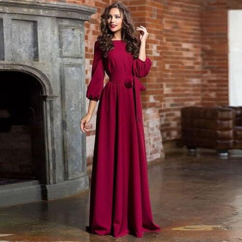 2021 New Womens Spring and Summer Elegant Party Dress Lantern Sleeve Belt Solid Color O-neck Dress Fashion Long Party Dress New