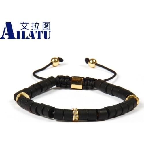 Ailatu Fashion Jewelry Wholesale 10pcs/lot 6mm Matte Onyx Stone Cylinder Beads with Clear cz Spacer Macrame Bracelet