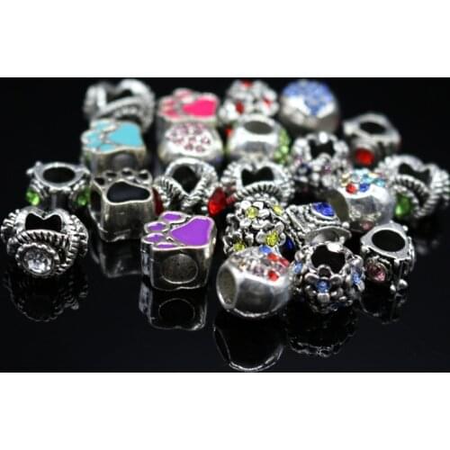 25Pcs Big Hole Beads Fit Charms Tibetan Silver Metal Zinc Alloy With Rhinestone Mix DIY Beads Charm For Bracelets Making
