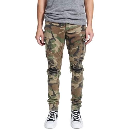 American Street Fashion Men Jeans Camouflage Elastic Slim Fit Ripped Jeans Men Leather Patch Designer Hip Hop Denim Punk Pants