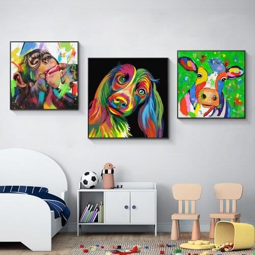 Graffiti Art Animals Wall Art Canvas Painting Poster and Print Wall Art Colorful Cow, Dog, Monkey Pictures for Living Room Decor