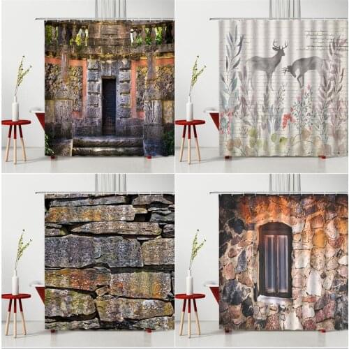 Stone Brick Wall Shower Curtain Retro Shabby Old Door Elk Flower Plant Pattern Bathroom Decor Polyester Bath Curtains With Hook