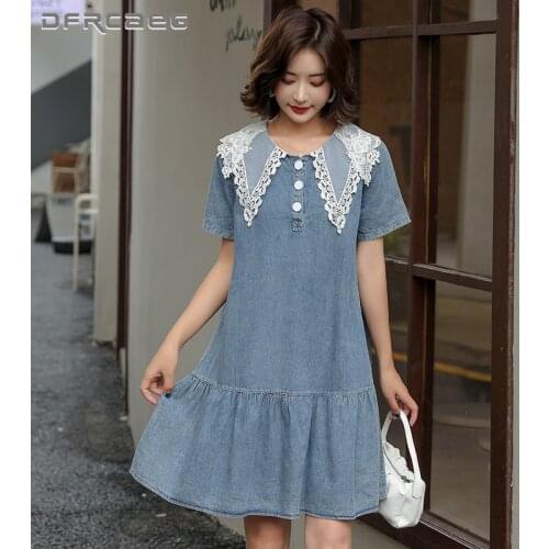 Patchwork Lace Denim Dresses Long With Ruffled 2021 Summer Loose Vintage Cowboy Dress Plus Size Vestidos Female