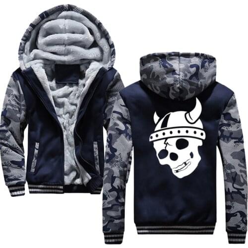 Mens Fearless Death Viking Warrior Print Hoodies Zipper Comfortable Winter Jacket Sweatshirts Long Sleeve Style Thicken Coat