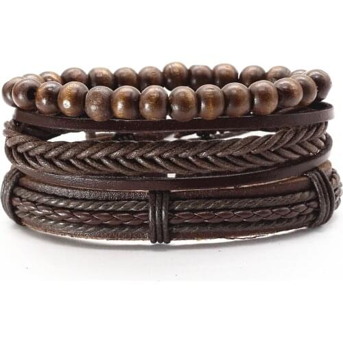 New Trendy 3 Pcs/set Wood Beads Black Brown Genuine Leather Men Bracelets For Women Bangles Homme Femme Gift Jewelry