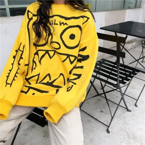 Autumn loose graffiti little monsters sweatshirts plus velvet pullover sweatshirt women winter new tops O-Neck coat couples tops