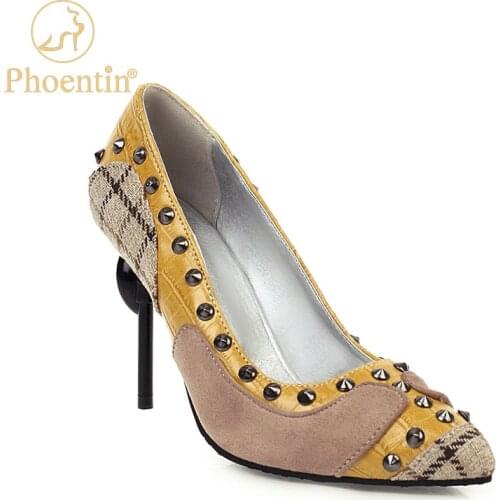 Phoentin punk womens luxury designer high heels rivet women yellow dress shoes cloth patchwork women pumps pink large size FT898