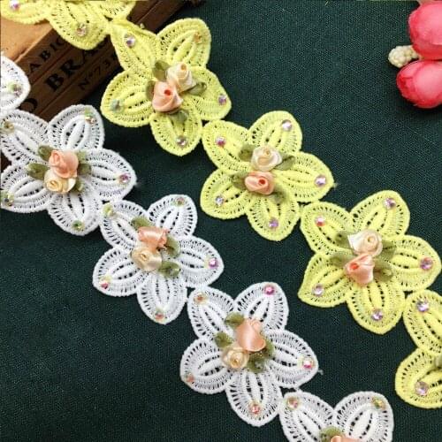 Soluble Cotton Pearl Rose Flower Colorful Diamond Embroidered Lace Trim Fabric Lace Ribbon Handmade Sewing Craft For Costume Hat