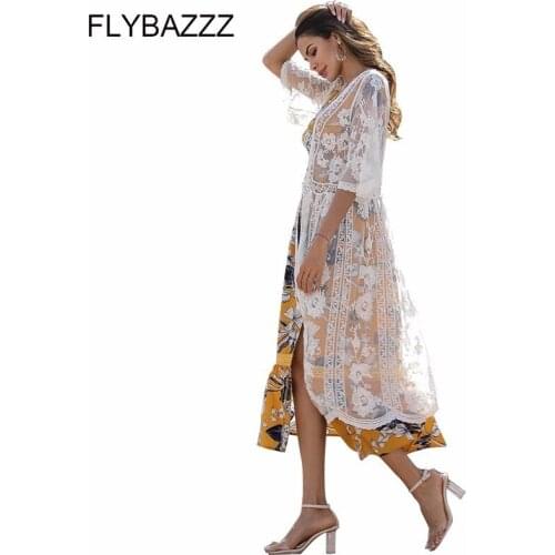 Sexy Lace Beach Cover Up Swimsuit Long Dress Transparent Cardigan Half Sleeve Swimwear Summer Hot Ladies Beachwear 2019 Cover-up