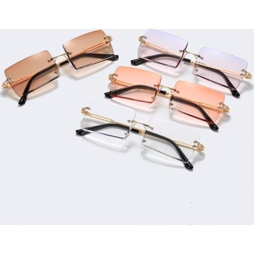 Rectangle Fashion Rimless Sunglasses Popular Women Men Shades Small Square Sun Glasses For Female Summer Traveling Brown Oculos