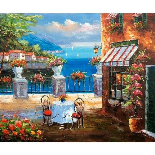 Modern Mediterranean Landscape Oil Painting Decorative Wall Art Painting on Canvas Cafe Italy 100% Hand Painted Artwork