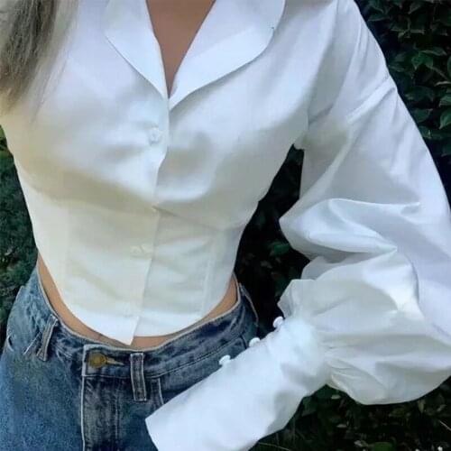 Stain Puff Sleeve Short Women Shirts White Slim Turn-down Collar Single Breasted Crop Top Women 2021 New Sexy Streetwear Shirt