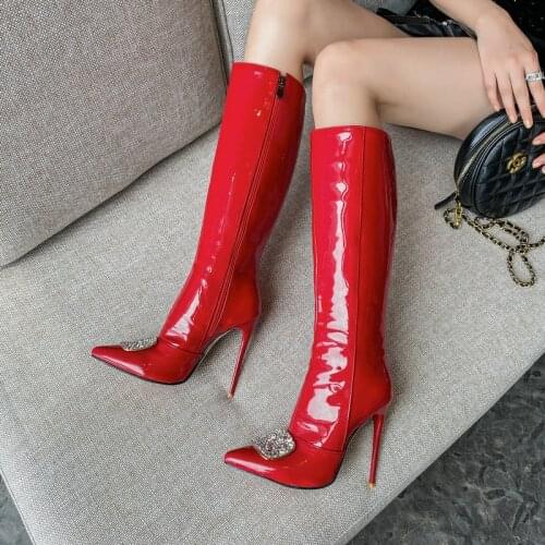 Lady Metal Decoration Spring Autumn Knee High Boots Fashion Zipper Patent Leather Womens Shoes Winter Sexy Thin High-Heel Boots