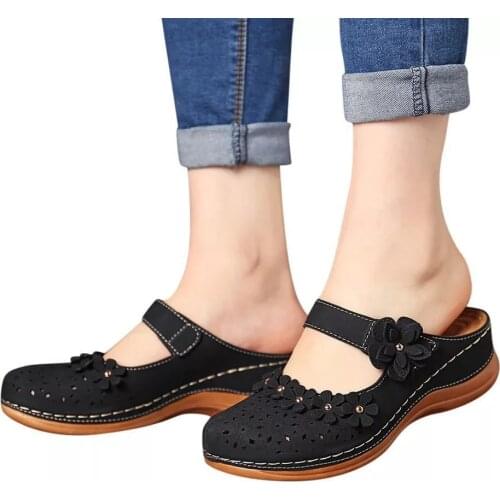 WomenS Sandals Retro Floral Sweet Platform Shoes Woman Flat Sandals Ladies Pu Leather Sandalia red black Footwear Plus Size