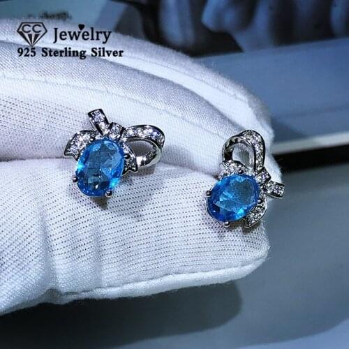 S925 Silver Stud Earrings For Women Blue Oval Cubic Zircon Stone Fine Jewelry Earring Party Wedding Ear Accessories CCE745