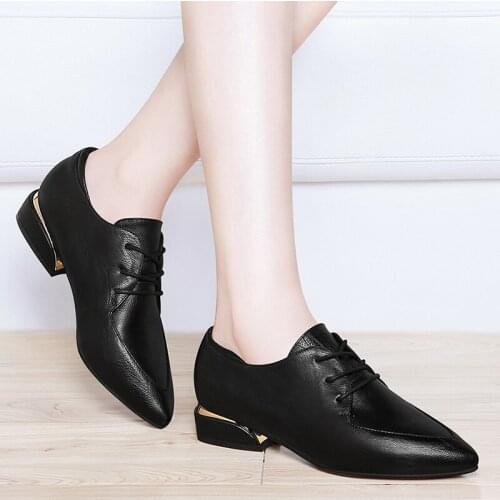 Pointed toe single shoes womens shoes thick heel soft leather2021 spring autumn new low heel leather shoes mid-heel Lace-up