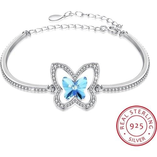 LEKANI Original Crystals Charm Butterfly Bracelet Bangles Accessories For Women 925 Silver Fine Hand Jewelry