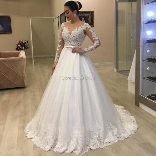 Long Sleeve Wedding Dresses with Beaded Appliques 2020 Sexy Sheer Scoop Neck Lace A Line Tulle Bridal Gowns Open Back Vestidos