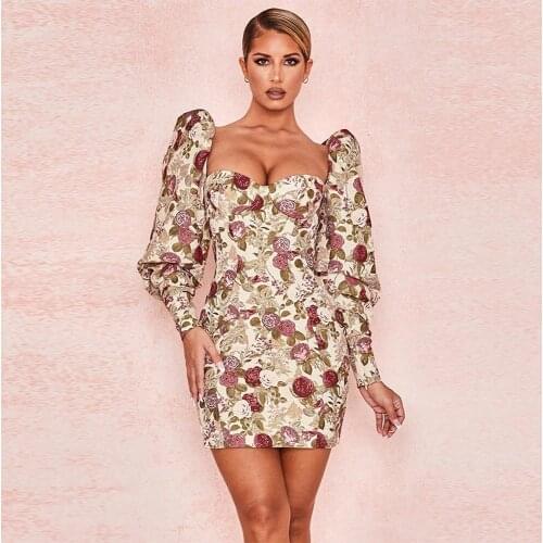 BEAUKEY New Arrivals Women Flower Beige Bandage Dress Bodycon Long Sleeve V Neck Dress Party Club Vestido