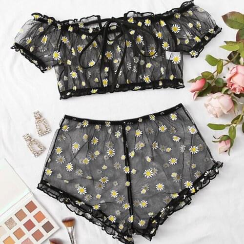 Female Mesh Lingerie Clothes Set 2 Piece Lace Daisy Floral Printed Crop Top Shorts Exotic Underwear for Women Purple Green Black