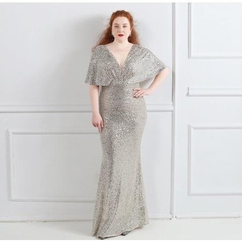 New Simple Fashion Sequins Evening Dress Deep V-Neck Floor-Length Short Sleeves Pleat Mermaid Plus Size Women Formal Gowns D1277