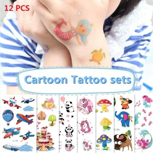 12pcs/set Temporary Tattoo Stickers for Kids Cartoon Waterproof Disposable Children Party Makeup Tatouage Temporaire Fake Taty