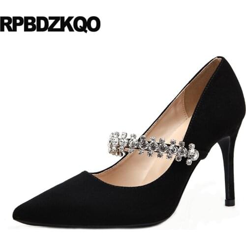 Diamond Jewel Size 33 Suede Mary Jane Stiletto Pumps Rhinestone Women High Heels Crystal Strap Plus Pointed Toe Evening Shoes