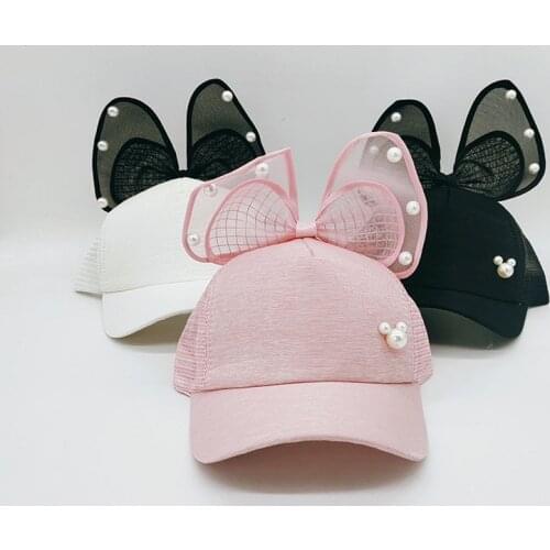 Children Bow cartoon Baseball Cap Cute Girls Pearl Snapback Sun Caps Mesh Rabbit Ear Kids Baby Sun Hat
