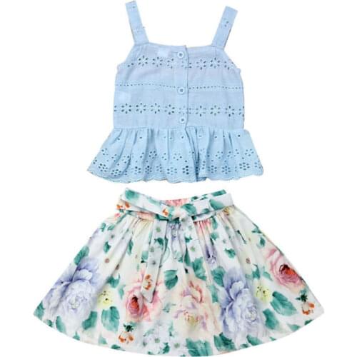 2019 Sweet Toddler Kids Baby Girl Clothes Set Summer Hollow Buttons Sleeveless Blue Top Flower Skirt Clothing Cute 2PCS Outfit