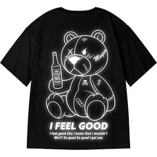 Reflective Oversize t shirts The Bear Print T Shirts Half Sleeve Cotton Men Top Tees Streetwear Summer Hip Hop Clothes wholesale