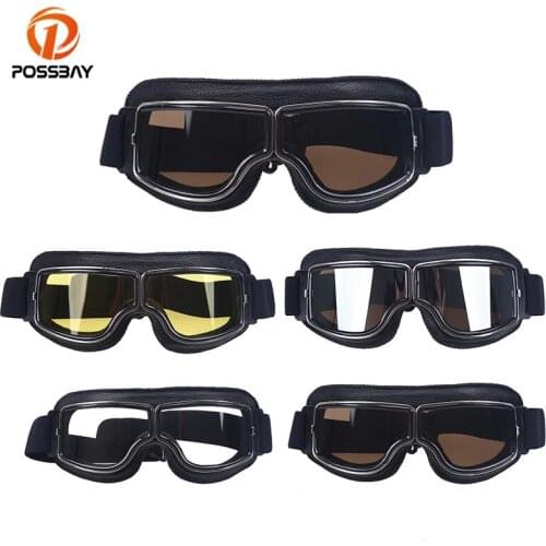 POSSBAY Black Retro Motorcycle Goggles Glasses Pilot Moto Leather Helmet Ski Eyewear for Man Women Motorbike Universal Goggles