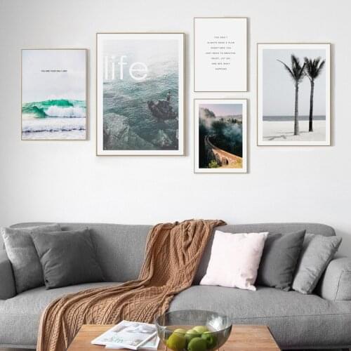 Natural Scenery Blue Ocean Forest Mountain Cactus Green Leaves Canvas Nordic Painting Wall Picture Poster Living Room Decoration